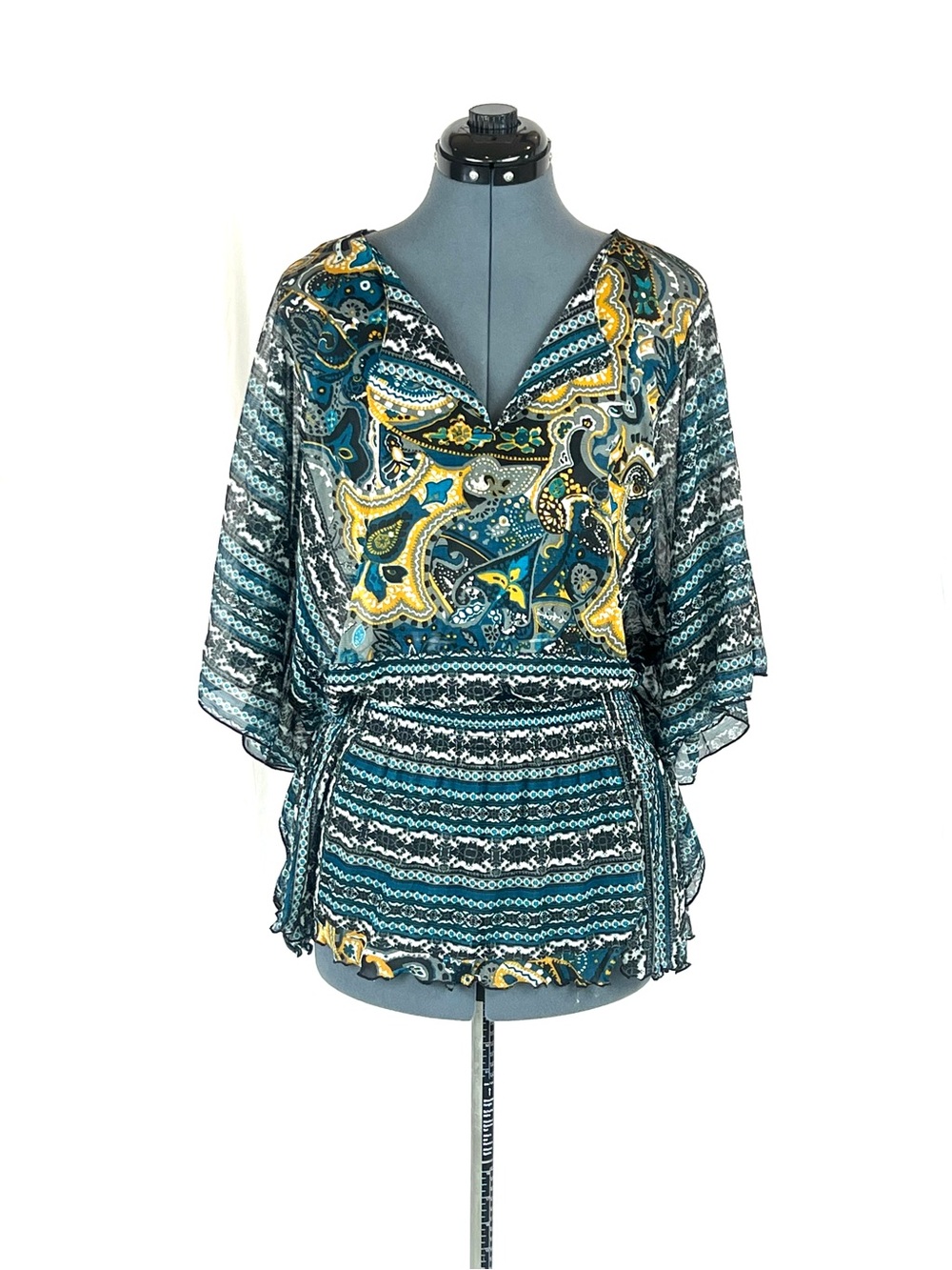 Ashley Stewart blue/yellow paisley surplice blouse kimono sleeve sheer 22/24 150
